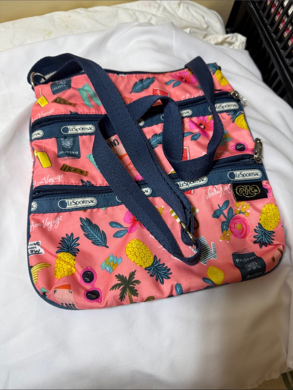 LeSportsac Pink Tropical Print Crossbody Bag with Navy Trim - Picture 13 of 13